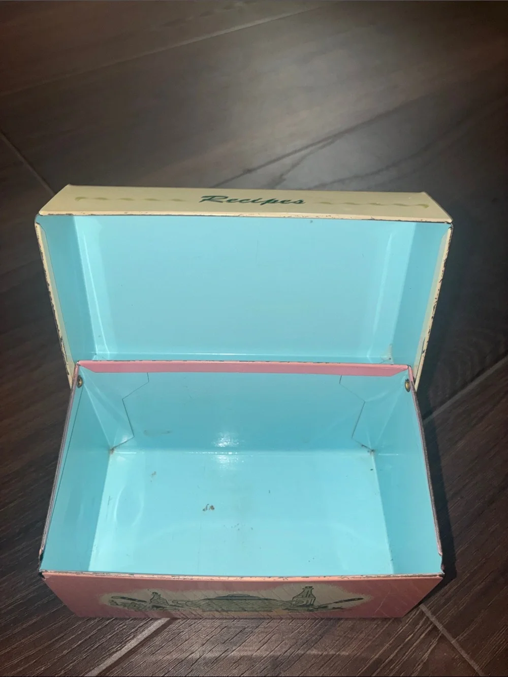 Vintage Recipes Tin Box Recipe Box Yellow Pink 50’s Retro VTG METAL OHIO ART USA
